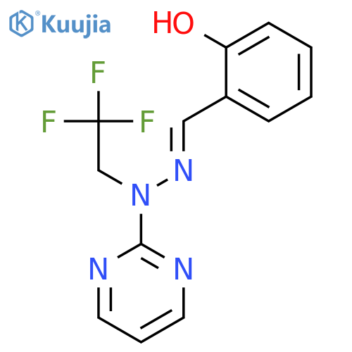 Benzaldehyde, 2-hydroxy-, 2-pyrimidinyl(2,2,2-trifluoroethyl)hydrazone structure