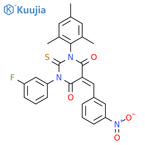 (5E)-1-(3-fluorophenyl)-5-[(3-nitrophenyl)methylidene]-2-thioxo-3-(2,4,6-trimethylphenyl)dihydropyrimidine-4,6(1H,5H)-dione structure