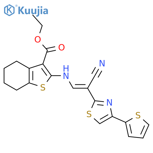 ethyl 2-{(1E)-2-cyano-2-4-(thiophen-2-yl)-1,3-thiazol-2-yleth-1-en-1-ylamino}-4,5,6,7-tetrahydro-1-benzothiophene-3-carboxylate structure