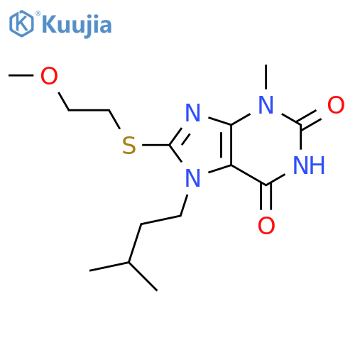 8-(2-methoxyethyl)sulfanyl-3-methyl-7-(3-methylbutyl)-2,3,6,7-tetrahydro-1H-purine-2,6-dione structure