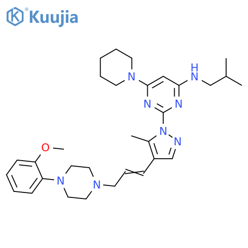 4-Pyrimidinamine, 2-[4-[3-[4-(2-methoxyphenyl)-1-piperazinyl]-1-propen-1-yl]-5-methyl-1H-pyrazol-1-yl]-N-(2-methylpropyl)-6-(1-piperidinyl)- structure