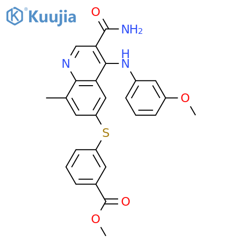 Methyl 3-(3-carbamoyl-4-(3-methoxyphenylamino)-8-methylquinolin-6-ylthio)benzoate structure