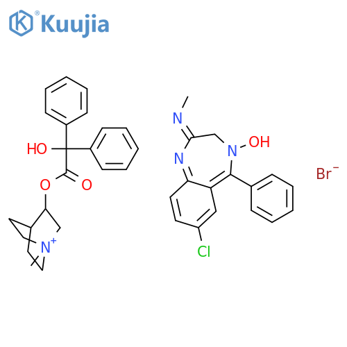 9-chloro-5-hydroxy-N-methyl-6-phenyl-2,5-diazabicyclo[5.4.0]undeca-1,6,8,10-tetraen-3-imine; (1-methyl-1-azoniabicyclo[2.2.2]oct-8-yl) 2-hydroxy-2,2-diphenyl-acetate; bromide structure