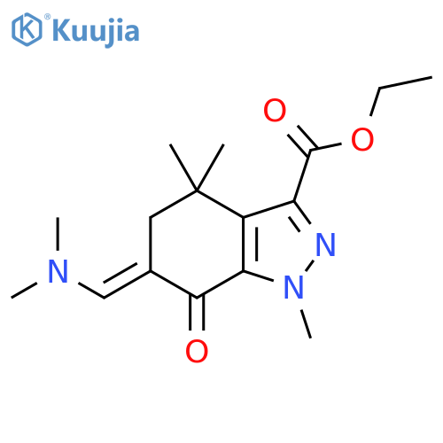 Ethyl 6-((dimethylamino)methylene)-1,4,4-trimethyl-7-oxo-4,5,6,7-tetrahydro-1H-indazole-3-carboxylate structure