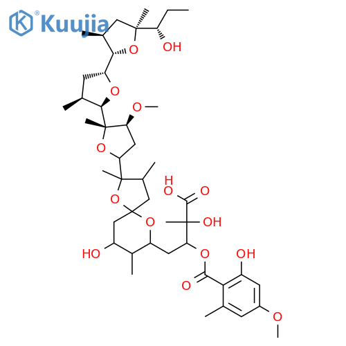 2-Hydroxy-4-[7-hydroxy-2-[5-[5-[5-(1-hydroxypropyl)-3,5-dimethyloxolan-2-yl]-3-methyloxolan-2-yl]-4-methoxy-5-methyloxolan-2-yl]-2,8-dimethyl-1,10-dioxaspiro[4.5]decan-9-yl]-3-(2-hydroxy-4-methoxy-6-methylbenzoyl)oxy-2-methylpentanoic acid structure
