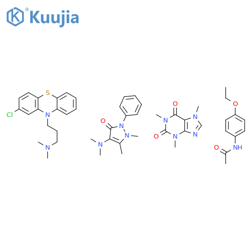 3-(2-chlorophenothiazin-10-yl)-N,N-dimethyl-propan-1-amine; 4-dimethylamino-1,5-dimethyl-2-phenyl-pyrazol-3-one; N-(4-ethoxyphenyl)acetamide; 1,3,7-trimethylpurine-2,6-dione structure
