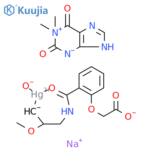 1H-Purinium, 2,3,6,7-tetrahydro-1,1-dimethyl-2,6-dioxo-, inner salt, mixt. with sodium [3-[[2-(carboxylatomethoxy)benzoyl-κO]amino]-2-methoxypropyl-κC]hydroxymercurate(1-) (9CI) structure