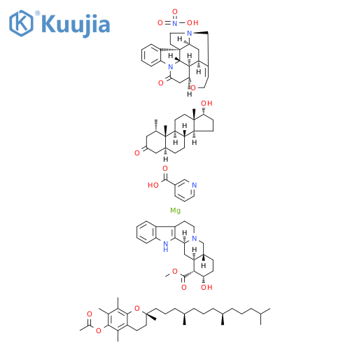 Yohimban-16-carboxylic acid, 17-hydroxy-, methyl ester, (16α,17α)-, mixt. with (2R)-3,4-dihydro-2,5,7,8-tetramethyl-2-[(4R,8R)-4,8,12-trimethyltridecyl]-2H-1-benzopyran-6-yl acetate, (1α,5α,17α)-17-hydroxy-1-methylandrostan-3-one, magnesium di-3-pyridinecarboxylate and strychnidin-10-one mononitrate... structure