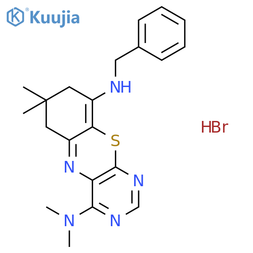 N~9~-benzyl-N~4~,N~4~,7,7-tetramethyl-7,8-dihydro-6H-pyrimido[4,5-b][1,4]benzothiazine-4,9-diamine hydrobromide structure