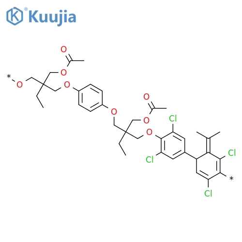 Poly[oxy[2-[(acetyloxy)methyl]-2-ethyl-1,3-propanediyl]oxy-1,4-phenyleneoxy[2-[(acetyloxy)methyl]-2-ethyl-1,3-propanediyl]oxy(2,6-dichloro-1,4-phenylene)(1-methylethylidene)(3,5-dichloro-1,4-phenylene)] structure