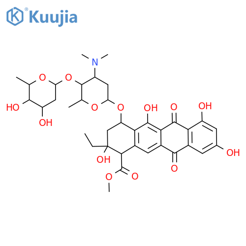 methyl 2-ethyl-2,5,7,9-tetrahydroxy-6,11-dioxo-4-{[2,3,6-trideoxy-4-O-(2,6-dideoxyhexopyranosyl)-3-(dimethylamino)hexopyranosyl]oxy}-1,2,3,4,6,11-hexahydrotetracene-1-carboxylate structure