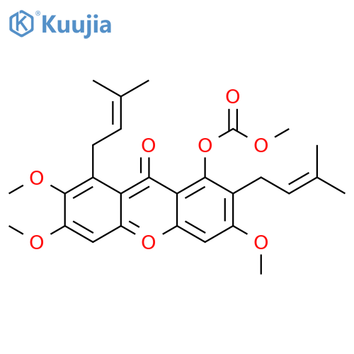 2,3,6-trimethoxy-8-methoxycarbonyloxy-1,7-bis-(3-methylbut-2-enyl)xanthen-9-one structure