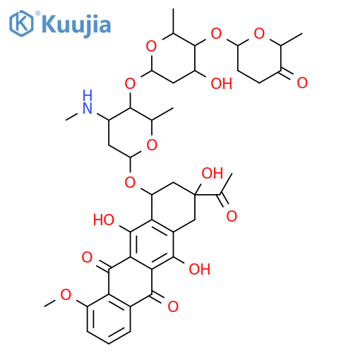 3-acetyl-3,5,12-trihydroxy-10-methoxy-6,11-dioxo-1,2,3,4,6,11-hexahydrotetracen-1-yl 2,3,6-trideoxy-4-O-[2,6-dideoxy-4-O-(6-methyl-5-oxotetrahydro-2H-pyran-2-yl)hexopyranosyl]-3-(methylamino)hexopyranoside structure