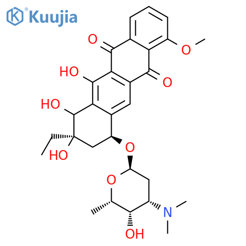 (1S,3R)-3-ethyl-3,4,5-trihydroxy-10-methoxy-6,11-dioxo-1,2,3,4,6,11-hexahydrotetracen-1-yl 2,3,6-trideoxy-3-(dimethylamino)-alpha-L-lyxo-hexopyranoside structure