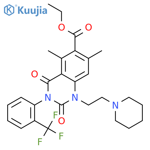 ethyl 5,7-dimethyl-2,4-dioxo-1-(2-piperidin-1-ylethyl)-3-[2-(trifluoromethyl)phenyl]-1,2,3,4-tetrahydroquinazoline-6-carboxylate structure