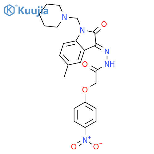 N'-[(3E)-5-methyl-2-oxo-1-(piperidin-1-ylmethyl)-1,2-dihydro-3H-indol-3-ylidene]-2-(4-nitrophenoxy)acetohydrazide structure