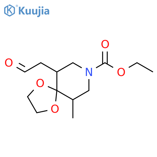 1,4-Dioxa-8-azaspiro[4.5]decane-8-carboxylic acid, 6-methyl-10-(2-oxoethyl)-, ethyl ester structure