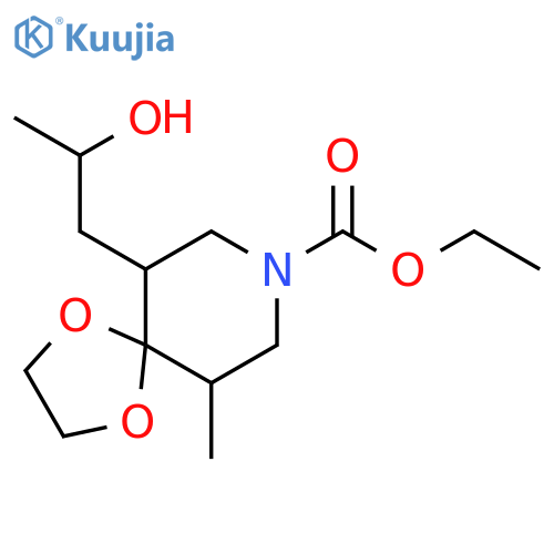 1,4-Dioxa-8-azaspiro[4.5]decane-8-carboxylic acid, 6-(2-hydroxypropyl)-10-methyl-, ethyl ester structure