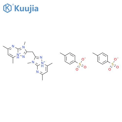 bis(4-methylbenzenesulfonate);3,5,7-trimethyl-2-[(3,5,7-trimethyl-[1,2,4]triazolo[1,5-a]pyrimidin-8-ium-2-yl)methyl]-[1,2,4]triazolo[1,5-a]pyrimidin-8-ium structure