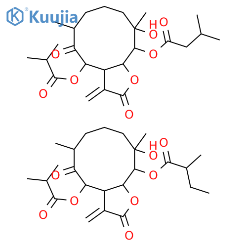 6,9,10-Trihydroxy-5-oxo-11(13)-germacren-12,8-olide; (4αH,6α,8α,9β,10β)-form, 9-O-(2(or 3)-Methylbutanoyl), 6-O-(2-methylpropanoyl) structure