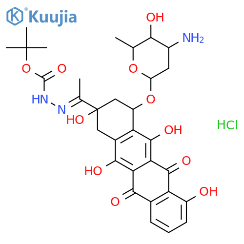 tert-butyl (2E)-2-(1-{4-[(3-amino-2,3,6-trideoxyhexopyranosyl)oxy]-2,5,7,12-tetrahydroxy-6,11-dioxo-1,2,3,4,6,11-hexahydrotetracen-2-yl}ethylidene)hydrazinecarboxylate hydrochloride (1:1) structure