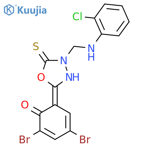 (6E)-2,4-dibromo-6-(4-{[(2-chlorophenyl)amino]methyl}-5-thioxo-1,3,4-oxadiazolidin-2-ylidene)cyclohexa-2,4-dien-1-one structure