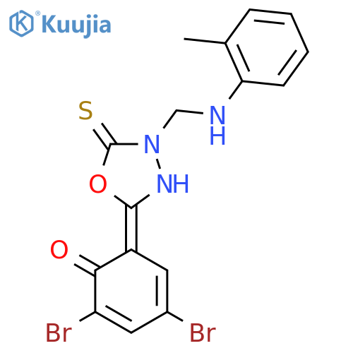 (6E)-2,4-dibromo-6-(4-{[(2-methylphenyl)amino]methyl}-5-thioxo-1,3,4-oxadiazolidin-2-ylidene)cyclohexa-2,4-dien-1-one structure