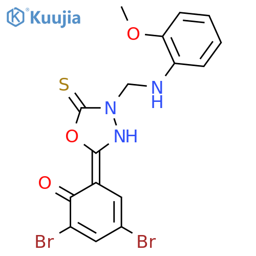 (6E)-2,4-dibromo-6-(4-{[(2-methoxyphenyl)amino]methyl}-5-thioxo-1,3,4-oxadiazolidin-2-ylidene)cyclohexa-2,4-dien-1-one structure