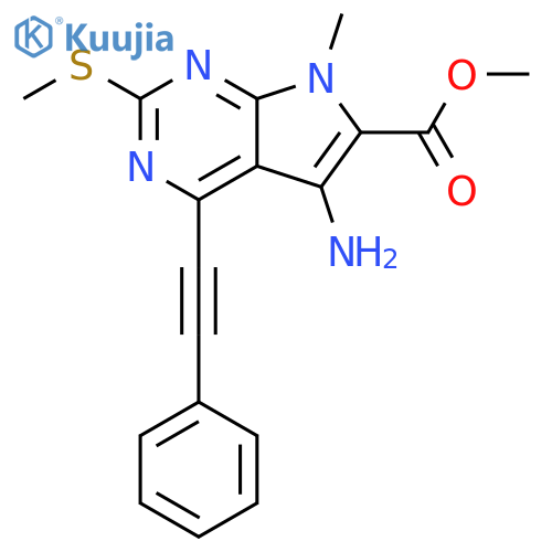 7H-Pyrrolo[2,3-d]pyrimidine-6-carboxylic acid, 5-amino-7-methyl-2-(methylthio)-4-(2-phenylethynyl)-, methyl ester structure