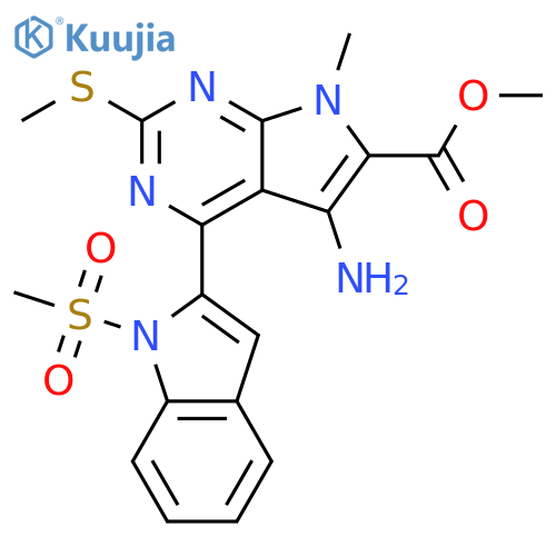 7H-Pyrrolo[2,3-d]pyrimidine-6-carboxylic acid,5-amino-7-methyl-4-[1-(methylsulfonyl)-1H-indol-2-yl]-2-(methylthio)-,methyl ester structure