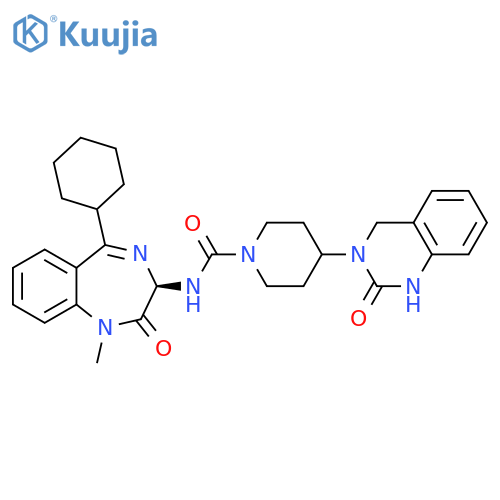 1-Piperidinecarboxamide,N-[(3R)-5-cyclohexyl-2,3-dihydro-1-methyl-2-oxo-1H-1,4-benzodiazepin-3-yl]-4-(1,4-dihydro-2-oxo-3(2H)-quinazolinyl)- structure