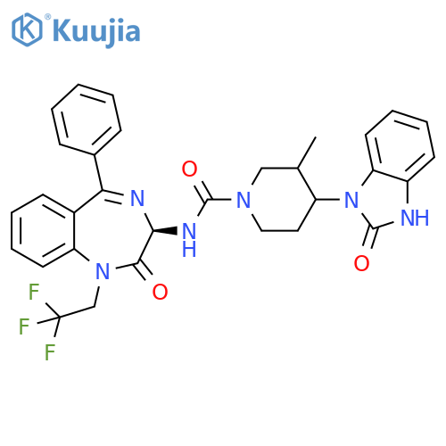 1-Piperidinecarboxamide, 4-(2,3-dihydro-2-oxo-1H-benzimidazol-1-yl)-N-[(3R)-2,3-dihydro-2-oxo-5-phenyl-1-(2,2,2-trifluoroethyl)-1H-1,4-benzodiazepin-3-yl]-3-methyl- structure