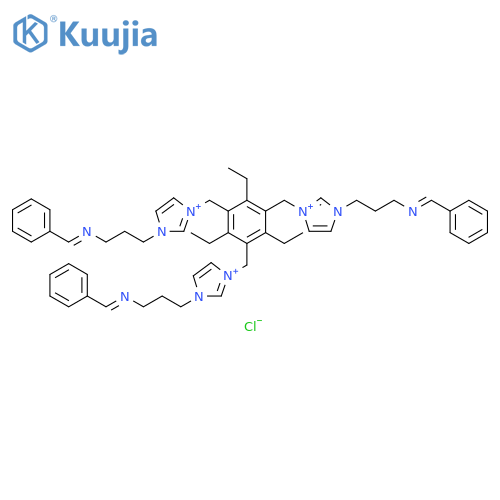1H-Imidazolium, 1,1',1''-[(2,4,6-triethyl-1,3,5-benzenetriyl)tris(methylene)]tris[3-[3-[(phenylmethylene)amino]propyl]-, trichloride (9CI) structure