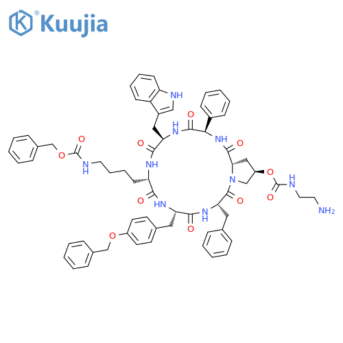 Cyclo[(2R)-2-phenylglycyl-D-tryptophyl-N6-[(phenylmethoxy)carbonyl]-L-lysyl-O-(phenylmethyl)-L-tyrosyl-L-phenylalanyl-(4R)-4-[[[(2-aminoethyl)amino]carbonyl]oxy]-L-prolyl] structure