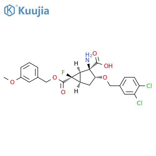 Bicyclo[3.1.0]hexane-2,6-dicarboxylic acid, 2-amino-3-[(3,4-dichlorophenyl)methoxy]-6-fluoro-, 6-[(3-methoxyphenyl)methyl] ester, (1R,2R,3R,5R,6R)- structure
