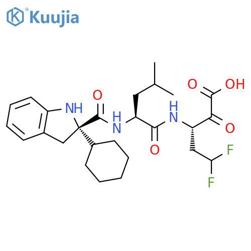 Pentanoic acid, 3-[[(2S)-2-[[[(2S)-2-cyclohexyl-2,3-dihydro-1H-indol-2-yl]carbonyl]amino]-4-methyl-1-oxopentyl]amino]-5,5-difluoro-2-oxo-, (3S)- structure