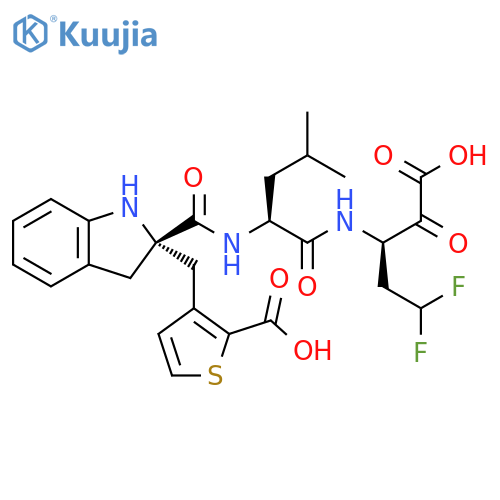 2-Thiophenecarboxylic acid, 3-[[(2S)-2-[[[(1S)-1-[[[(1R)-1-(carboxycarbonyl)-3,3-difluoropropyl]amino]carbonyl]-3-methylbutyl]amino]carbonyl]-2,3-dihydro-1H-indol-2-yl]methyl]- structure