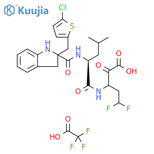 Pentanoic acid, 3-[[(2S)-2-[[[2-[(5-chloro-2-thienyl)methyl]-2,3-dihydro-1H-indol-2-yl]carbonyl]amino]-4-methyl-1-oxopentyl]amino]-5,5-difluoro-2-oxo-, 2,2,2-trifluoroacetate (1:1) structure