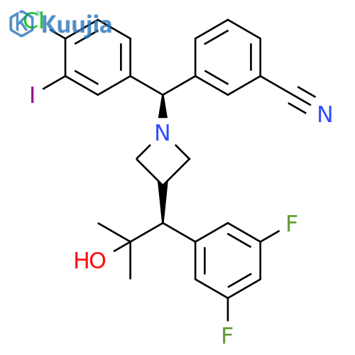 Benzonitrile, 3-[(R)-(4-chloro-3-iodophenyl)[3-[(1S)-1-(3,5-difluorophenyl)-2-hydroxy-2-methylpropyl]-1-azetidinyl]methyl]- structure