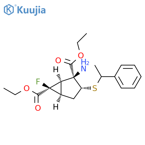 Bicyclo[3.1.0]hexane-2,6-dicarboxylic acid, 2-amino-6-fluoro-3-[(1-phenylethyl)thio]-, 2,6-diethyl ester, (1R,2S,3R,5R,6R)- structure