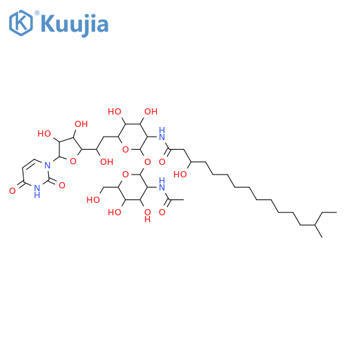 N-(2-{[3-(acetylamino)-4,5-dihydroxy-6-(hydroxymethyl)tetrahydro-2H-pyran-2-yl]oxy}-6-{2-[5-(2,4-dioxo-3,4-dihydropyrimidin-1(2H)-yl)-3,4-dihydroxytetrahydrofuran-2-yl]-2-hydroxyethyl}-4,5-dihydroxytetrahydro-2H-pyran-3-yl)-3-hydroxy-14-methylhexadecanami structure