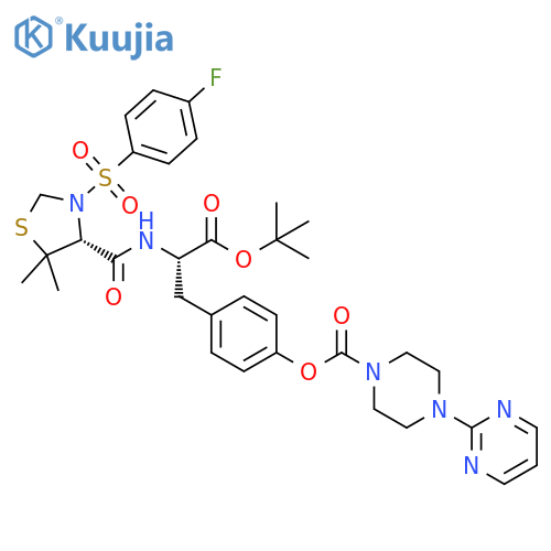L-Tyrosine,N-[[(4R)-3-[(4-fluorophenyl)sulfonyl]-5,5-dimethyl-4-thiazolidinyl]carbonyl]-, 1,1-dimethylethyl ester, 4-(2-pyrimidinyl)-1-piperazinecarboxylate(ester) structure
