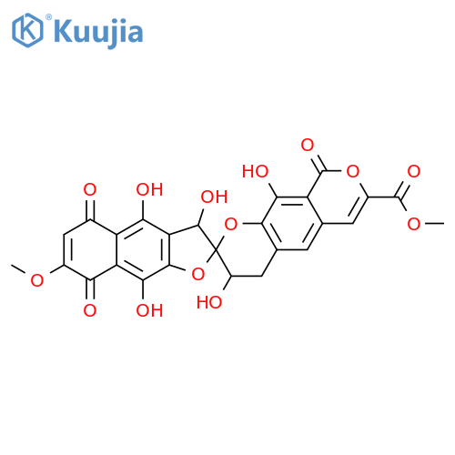 Spiro[benzo[1,2-b:5,4-c']dipyran-2(3H),2'(3'H)-naphtho[2,3-b]furan]-7-carboxylic acid, 4,5',8',9-tetrahydro-3,3',4',9',10-pentahydroxy-7'-methoxy-5',8',9-trioxo-, methyl ester (9CI) structure