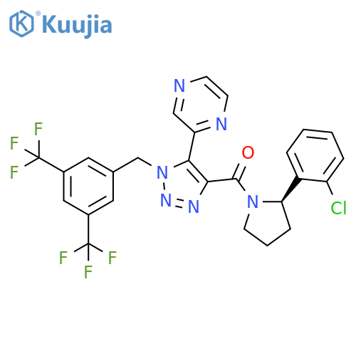 Methanone, [1-[[3,5-bis(trifluoromethyl)phenyl]methyl]-5-(2-pyrazinyl)-1H-1,2,3-triazol-4-yl][(2R)-2-(2-chlorophenyl)-1-pyrrolidinyl]- structure
