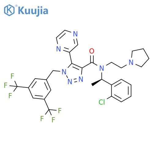 1H-1,2,3-Triazole-4-carboxamide, 1-[[3,5-bis(trifluoromethyl)phenyl]methyl]-N-[(1R)-1-(2-chlorophenyl)ethyl]-5-(2-pyrazinyl)-N-[2-(1-pyrrolidinyl)ethyl]- structure