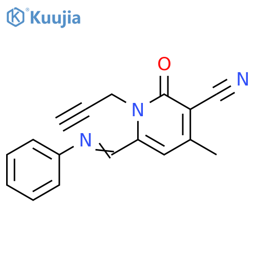 3-Pyridinecarbonitrile, 1,2-dihydro-4-methyl-2-oxo-6-[(phenylimino)methyl]-1-(2-propyn-1-yl)- structure