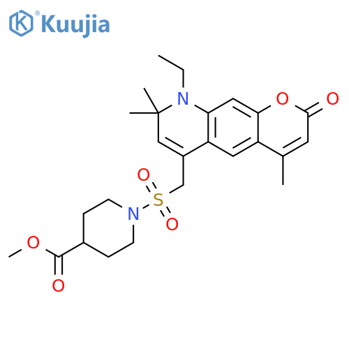 4-Piperidinecarboxylic acid, 1-[[(9-ethyl-8,9-dihydro-4,8,8-trimethyl-2-oxo-2H-pyrano[3,2-g]quinolin-6-yl)methyl]sulfonyl]-, methyl ester structure
