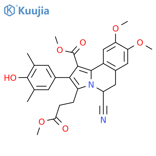 Pyrrolo[2,1-a]isoquinoline-3-propanoic acid, 5-cyano-5,6-dihydro-2-(4-hydroxy-3,5-dimethylphenyl)-8,9-dimethoxy-1-(methoxycarbonyl)-, methyl ester structure
