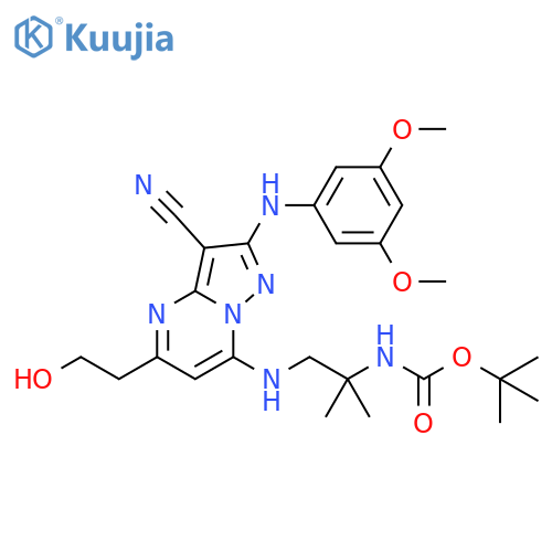 Carbamic acid,[2-[[3-cyano-2-[(3,5-dimethoxyphenyl)amino]-5-(2-hydroxyethyl)pyrazolo[1,5-a]pyrimidin-7-yl]amino]-1,1-dimethylethyl]-, 1,1-dimethylethyl ester structure