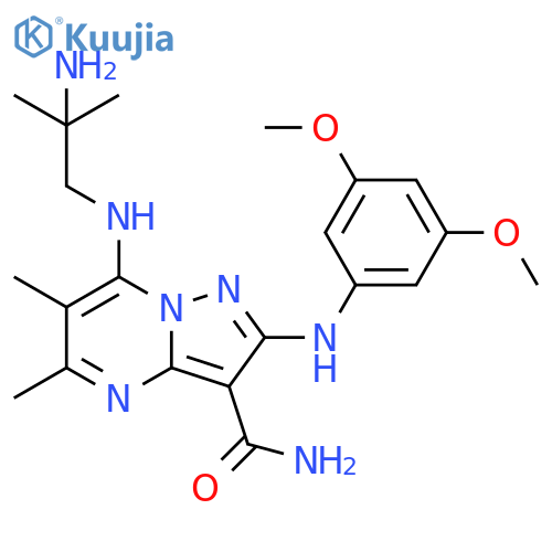 Pyrazolo[1,5-a]pyrimidine-3-carboxamide, 7-[(2-amino-2-methylpropyl)amino]-2-[(3,5-dimethoxyphenyl)amino]-5,6-dimethyl- structure